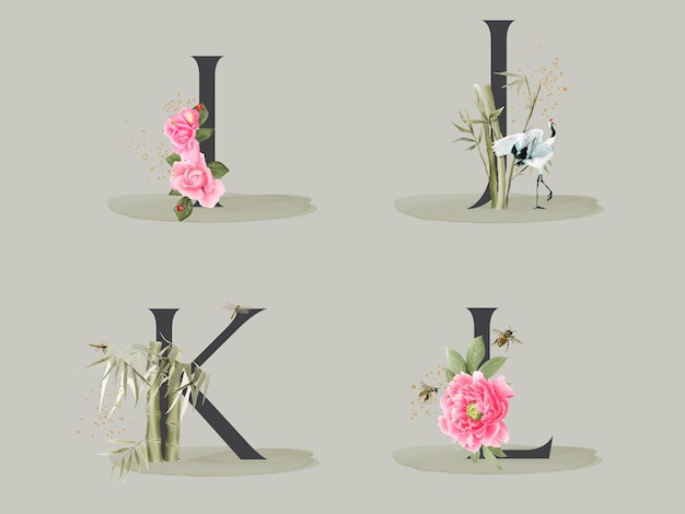 Wunderschönes florales alphabet mit handgezeichneten blumen und blättern