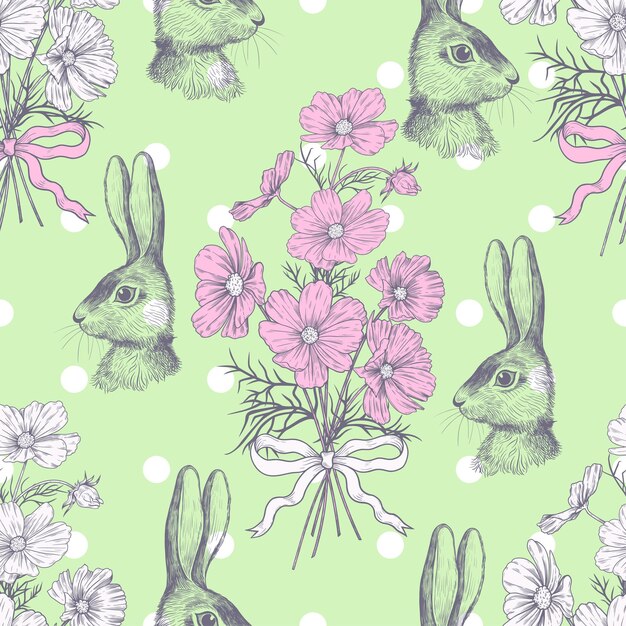 Vektor xaeaster-hase und cosmea-bücheln auf einem hellgrünen hintergrund mit polka-punkten