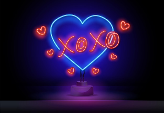 Xoxo-neonschriftzug umarmt und küsst glücklichen valentinstag glänzende kalligrafie leuchtendes zitat äußeres leuchten ...