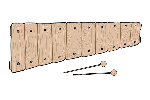 Vektor xylophon aus holz mit sticks percussion musikinstrument doodle linearer cartoon