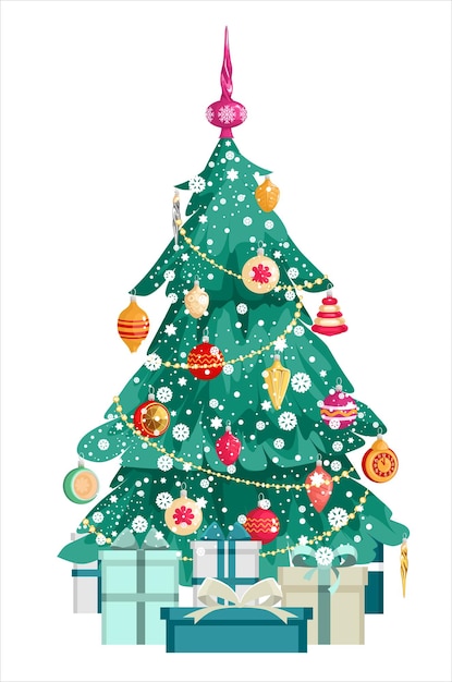 Ðÿðµñ‡ð°ñ‚ñœweihnachtsbaum mit dekorationen und geschenkboxen. schneebedeckt. frohe weihnachten und ein glückliches neues jahr. vektorillustration