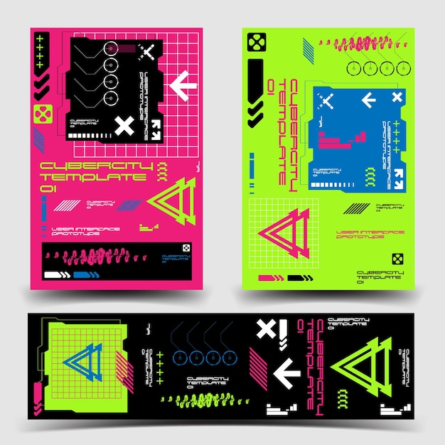 Y2K 2000er Jahre Sci-Fi Cyberpunk Retrofuturistische Layout-Vorlage Set Dashboard für uxui Anwendung 2D-Vektor-Illustration