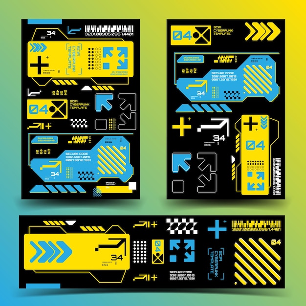 y2k 2000s scifi cyberpunk gaming retrofuturistic layout poster banner template set dashboard HUD for uxui application 2d vector illustration