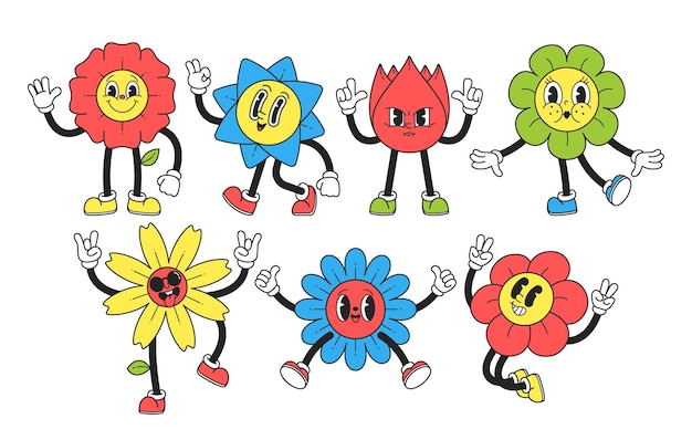 Vektor y2k-blumenfiguren, skurrile und retroinspirierte blütenpersönlichkeiten mit leuchtenden farben, vektorillustration