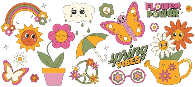 Vektor y2k groovy spring sticker set retro florale frühlingsästhetik zeichentrickfiguren im trendigen retro-stil