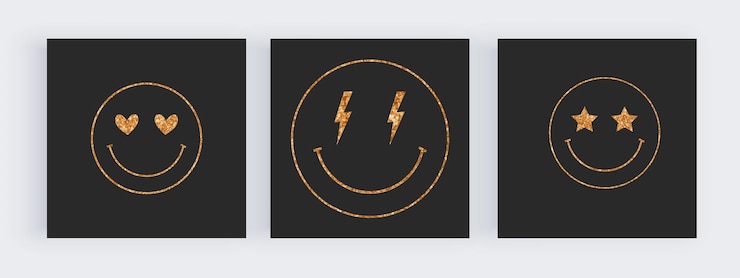 Vektor y2k-hintergründe mit goldenen glitzer-smileys mit sternen, herzen, blitzen