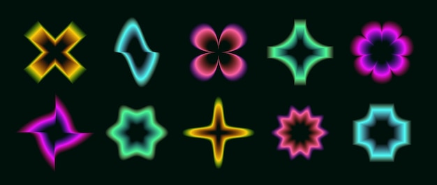 Y2k Neon Farbverlauf Blumen Sterne Wellen Kreuze Set Verschwommene Aura aus verschiedenen Formen Sammlung