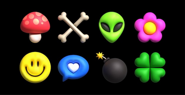 Vektor y2k- und emoji-stil set aus niedlichen grafischen 3d-dekorationen in neonfarben in form von pilzknochen, außerirdischen blumen, lächeln, herz, bombe, klee