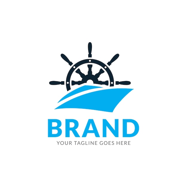 Yacht-helmrad-logo mit meereswellen und möwen-silhouetten.