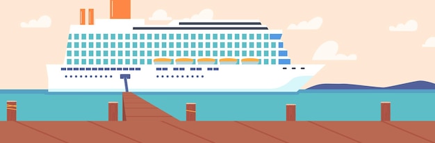 Vektor yacht oder kreuzfahrtschiff im ozean modernes schiff luxus-segelboot mit bullaugen vor anker im seehafen mit holzsteg