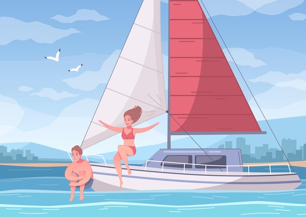 Yachting-Cartoon-Komposition mit Seelandschaft und Liebespaar