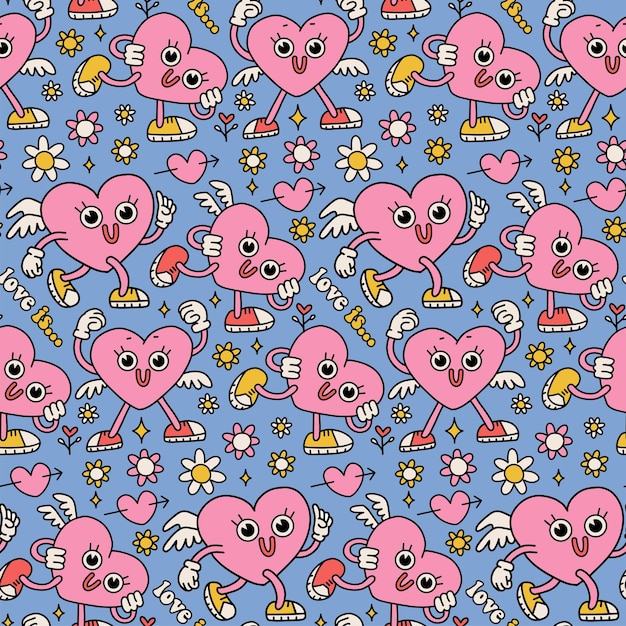Yk rosa und blaue Valentinstag Semless-Muster-Herzfiguren mit floralen Hippie-Elementen in tre