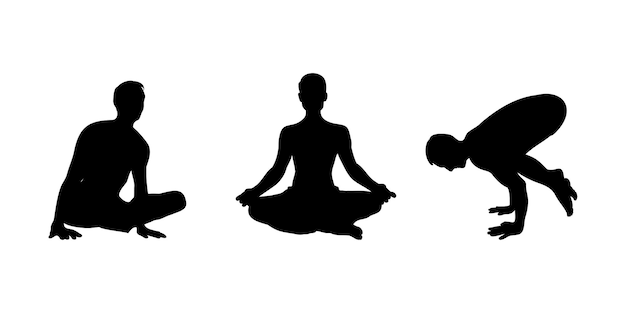 Vektor yoga-asana-set satz männlicher silhouetten, die yoga ausüben handgezeichnete skizzenvektorillustration