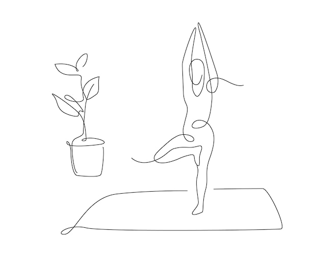 Vektor yoga-asanas in einer linie einfache vektor-pilates-illustration baumpose yoga