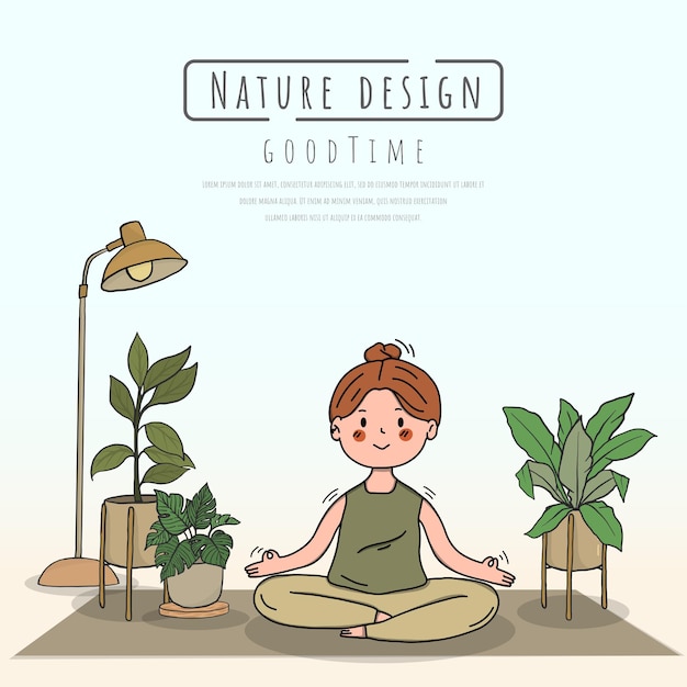 Yoga-Cartoon in der Natur und Blätter Handgezeichneter Stil