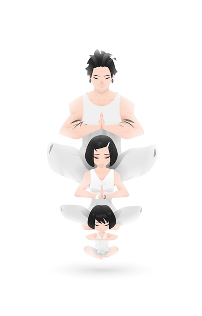 Vektor yoga family character design set in der zen-atmosphäre