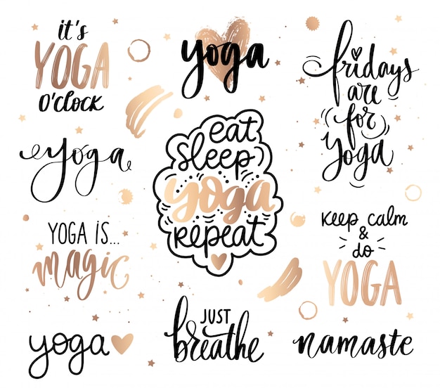 Vektor yoga goldene zitate sammlung. slogan machte sich an ruhe, atem, meditation.