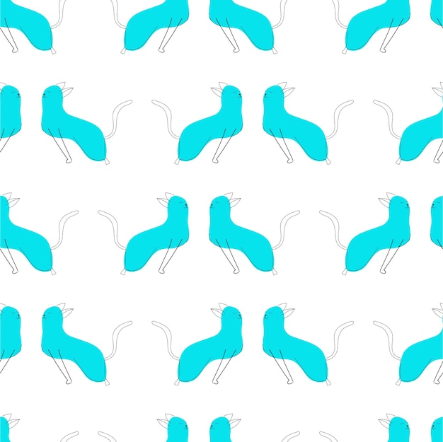 Yoga-katzenmuster im linienkunststil mit blauem fleckenvektor isoliert