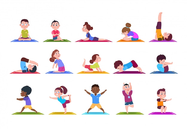 Vektor yoga kinder. karikaturkinder, die yoga tun. sportliche mädchen und jungen im fitnessstudio. zeichen isoliert gesetzt