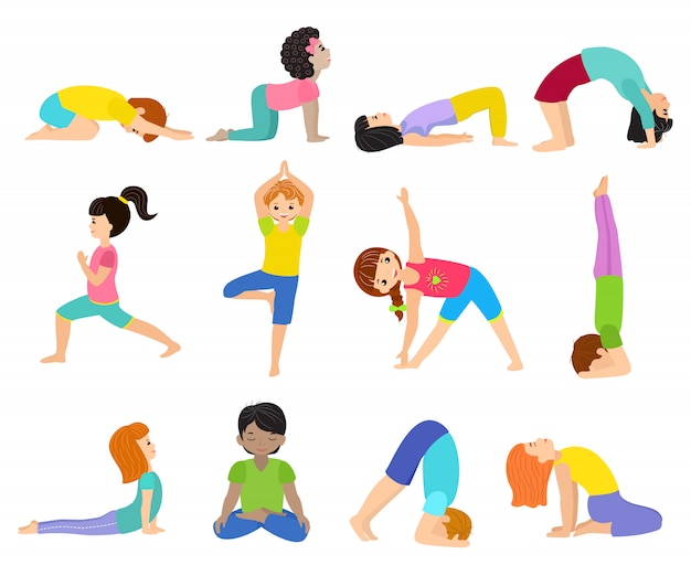 Vektor yoga kinder kleinkind yogi charakter training sport übung illustration gesunden lebensstil satz von cartoon jungen und mädchen wellness-aktivität der dehnung meditation lokalisiert auf weißem hintergrund