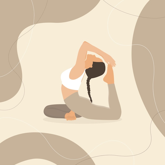 Yoga King Pigeon Pose junge Frau in Rajakapotasana-Haltungsbanner mit botanischen Blättern Doodle Boho