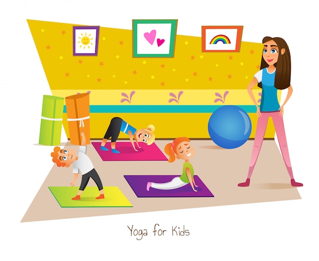 Yoga-Kurs für Kinder mit Lehrer im Zimmer.