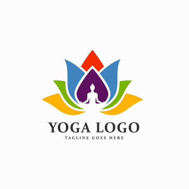 Yoga-Logo-Design-Vektor mit menschlicher Silhouette, Zen-Pose, isoliertes Lotusblumen-Logo