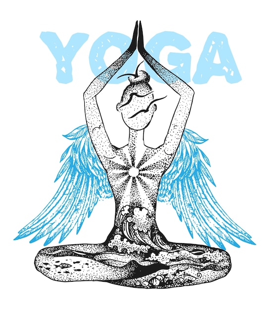 Vektor yoga-meditationspose grafischer vektor handgezeichnete illustration doppelbelichtungsstil