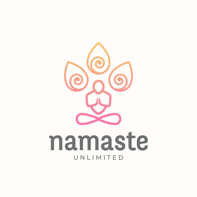 Yoga namaste concept abstract vector linear style sign oder logo template meditierende person silhouette mit grenzenlosem symbol und typografie