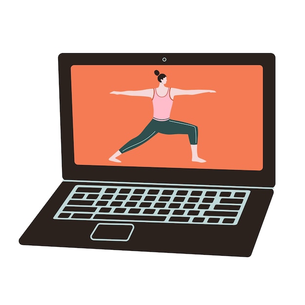 Yoga-online-unterricht tutorial-video auf einem laptop gesundes lebensstilkonzept flacher stil