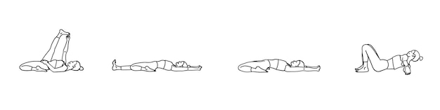 Yoga-Posen der weiblichen Dame im Cartoon-Umriss-Doodle-Stil Meditation Pilates psychische Gesundheit