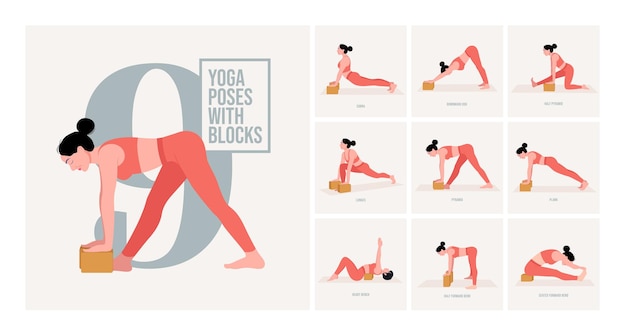 Yoga-posen mit blöcken junge frau, die yoga-posen praktiziert