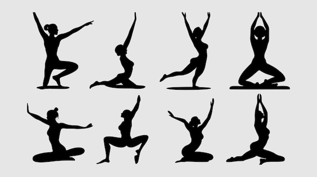 Yoga-Posen mit isolierten Silhouetten auf grauem Hintergrund