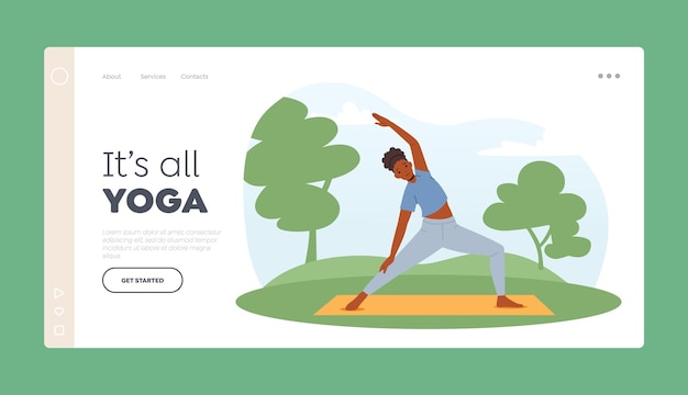 Yoga posen outdoor stretching landing page template weibliche figur übungen im park frau praktiziert yoga im freien