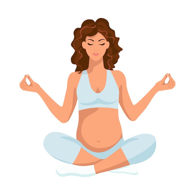 Yoga. Schwangere Frau sitzt im Lotussitz. Vektor-Illustration. Cartoon-Stil. Isoliert