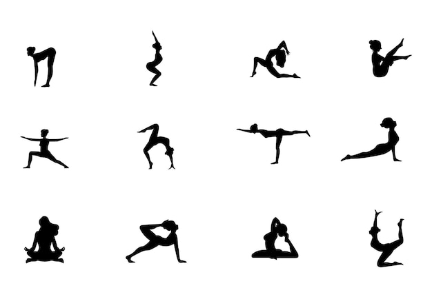 Yoga-Silhouette-Set Frauen-Symbole, die Yoga-Fitness-Übungen machen Gesunder Lebensstil Yoga-Symbole setzen Yoga