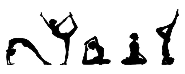 Yoga-Silhouette Verschiedene Posen von Frauen, die Yoga-Set praktizieren