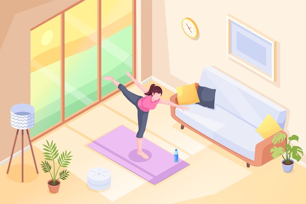 Yoga zu Hause, Frau, die Übungshaltung im Raum auf Yogamatte tut