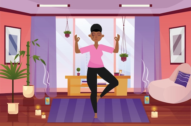 Yoga zu hause konzept mit people-szene im hintergrund cartoon-design frau entspannt sich