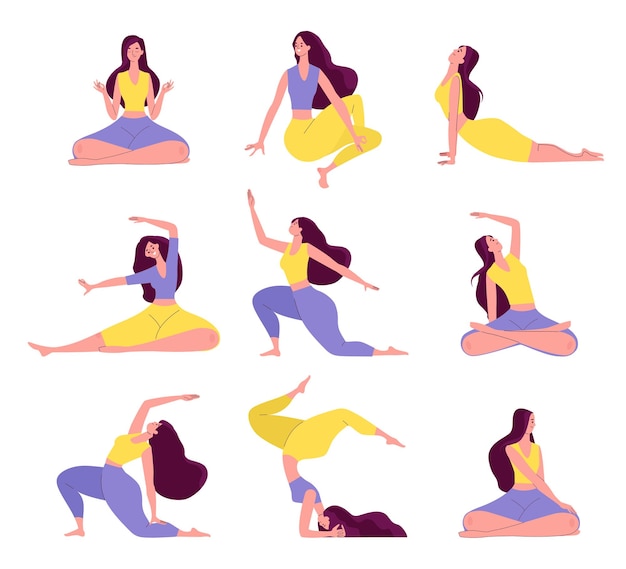 Vektor yogi-frauen machen yoga-übungen. menschen in verschiedenen posen