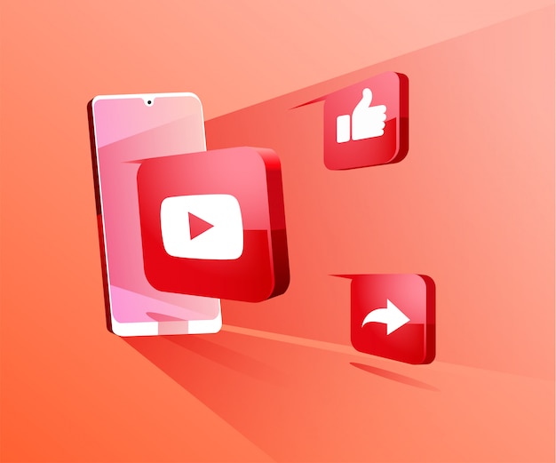 Vektor youtube 3d soziale medien mit smartphone-symbolillustration