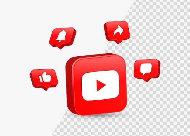 Youtube-symbol 3d-logo im quadrat für social-media-logos mit benachrichtigungssymbolen in sprechblase