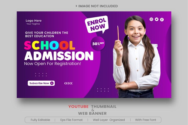 YouTube-Thumbnail für die Schulzulassung und neue Web-Banner-Vorlage Premium-Vektor