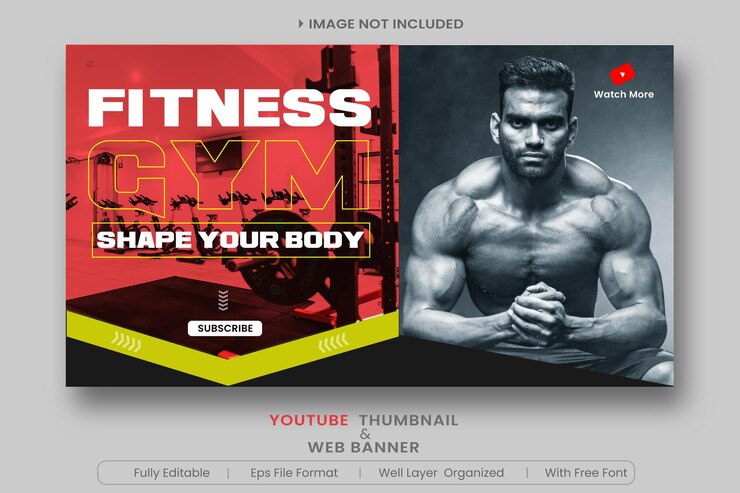 YouTube-Thumbnail-Vorlage für Fitnessstudio Fitness und Webbanner-Vorlage für Fitnessstudio Premium-Vektor