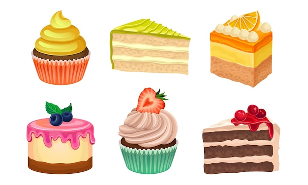 Yummy Sweet Desserts Vector Illustration Set isoliert auf weißem Hintergrund Sammlung verschiedener cremiger Behandlungskonzepte