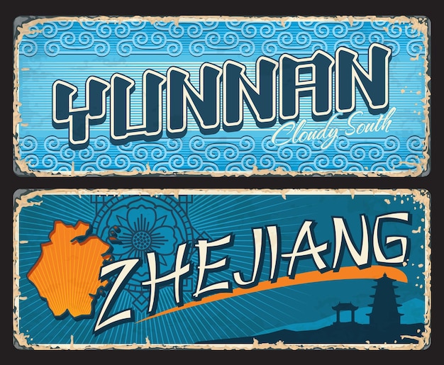 Yunnan, Zheijang Chinesische Provinzen Grunge-Platten