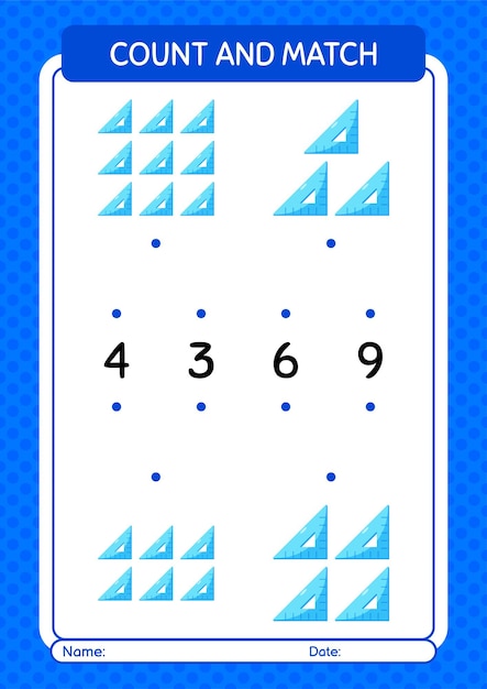 Zähl- und Match-Spiel mit dreieckigem Lineal-Arbeitsblatt für Kinder im Vorschulalter