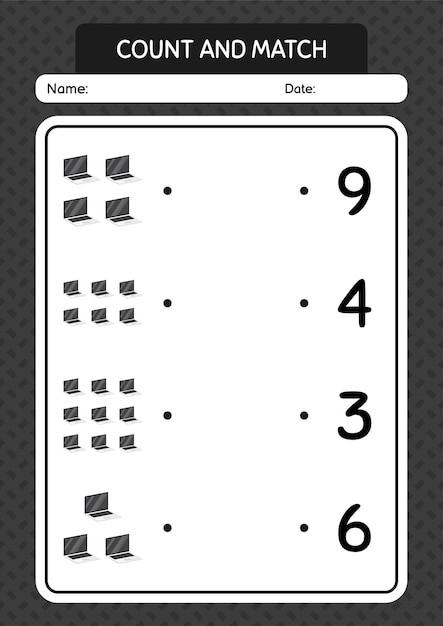 Zähl- und match-spiel mit laptop-arbeitsblatt für kinder im vorschulalter