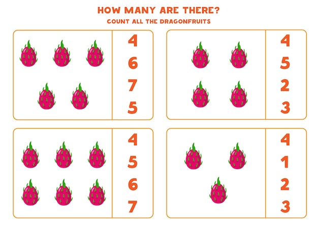 Zähle alle drachenfrüchte und kreise die richtige antwort ein. mathe-spiel für kinder im vorschulalter.