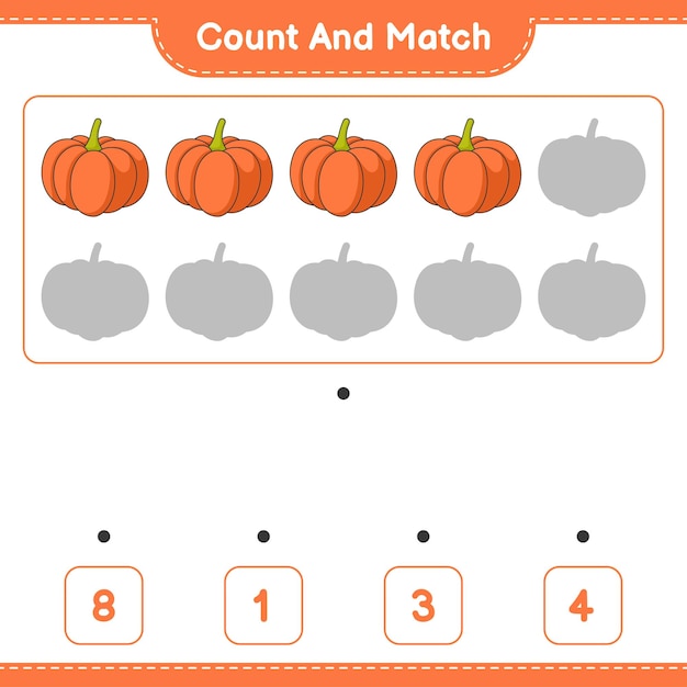 Zähle und vergleiche die Anzahl der Kürbisse und ordne sie den richtigen Zahlen zu